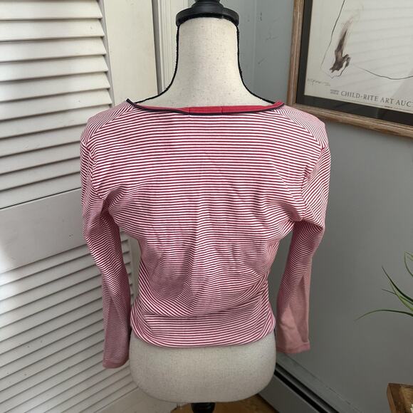 clothes Shirt Womens Medium Red White Striped Button Front V-Neck Retro Preppy - Picture 6 of 12